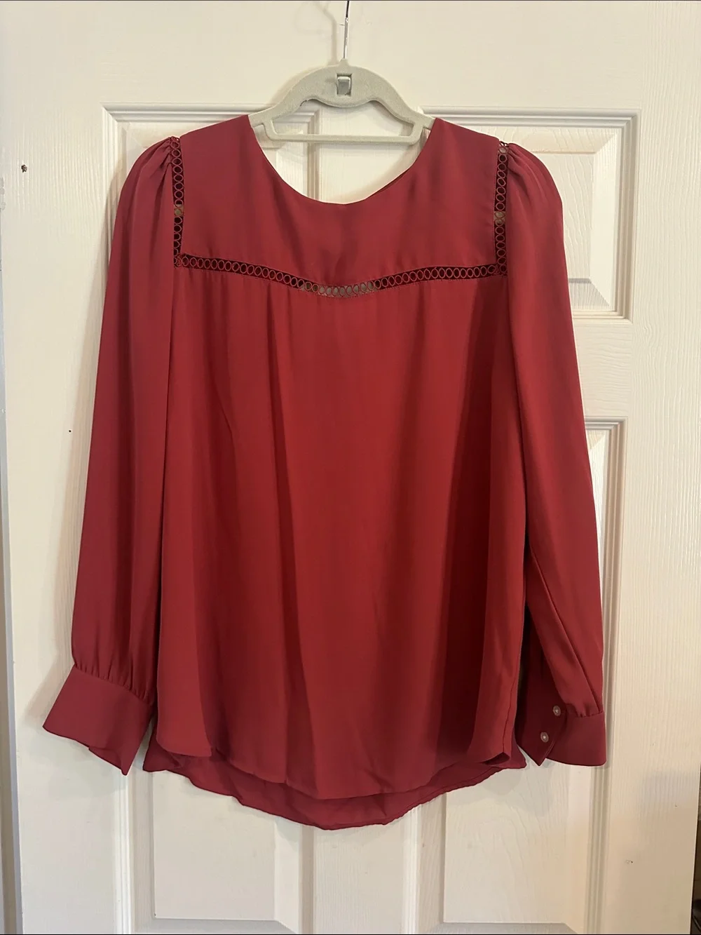 LOFT Rose-Red Long Sleeve Blouse with Lace Yoke